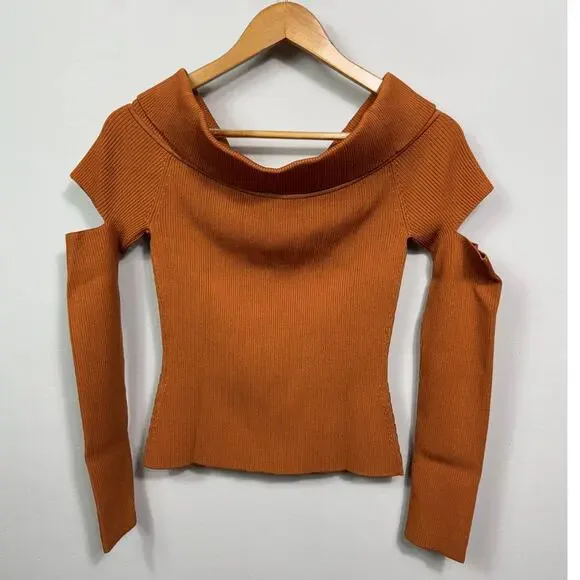New Jonathan Simkhai Zayla Compact Knit Off Shoulder Sweater in Tobacco Size L